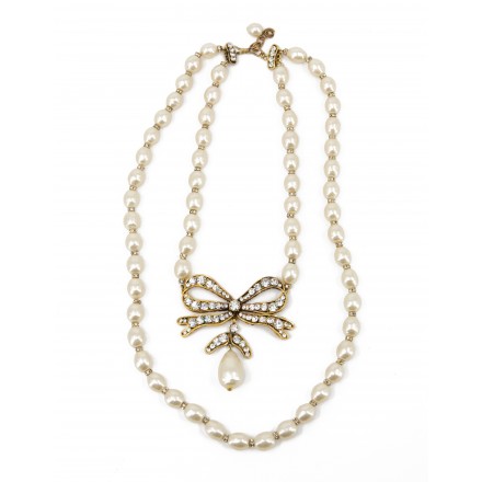 CHANEL Halskette 2-reihig Modeschmuck Perlenkette mit Schleife und Strasssteine goldfarben. Sehr guter Zustand 