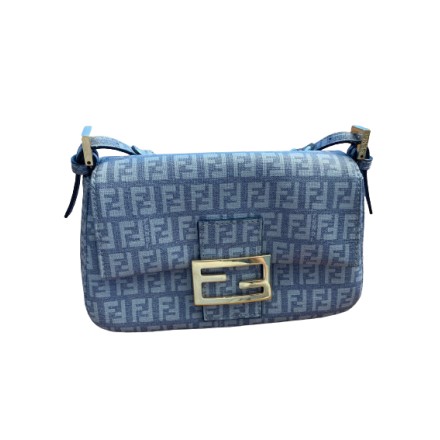 FENDI Mini Mama Baguette Bag Zucchino Spalmati Forever Logoprint blau Pre-owned Designer Secondhand Luxurylove