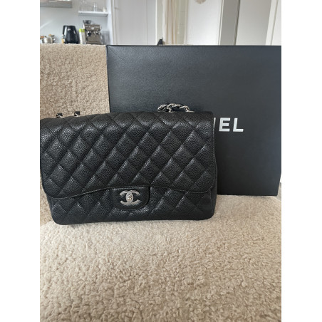 CHANEL Classic Flap Bag Jumbo Caviar Leder schwarz silber Pre-owned Designer Secondhand Luxurylove