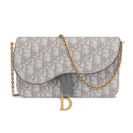 DIOR Saddle Bag Wallet on Chain Oblique grau Pre-owned Designer Secondhand Luxurylove