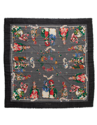 KARL LAGERFELD Baumwolltuch Schal  "Bleuet Coquelicot" anthrazit Pre-owned Designer Secondhand Luxurylove