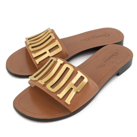 DIOR Logo Slides Sandalen camel 38  Pre-owned Designer Secondhand Luxurylove