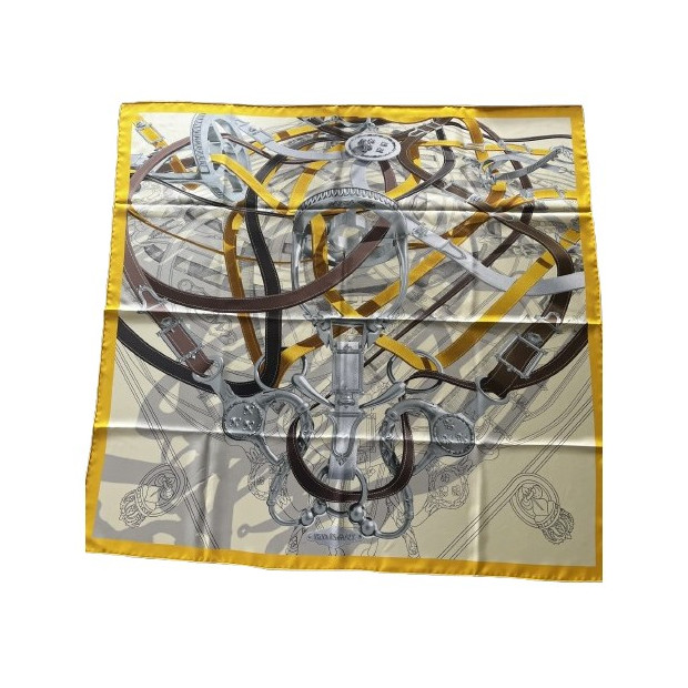 HERMÈS Silk scarf 90 "Cavalcadour Voltigeur" - Jaune Vif / Jaune Soufre / Brun - Pre-loved Designer Second Hand | LUXURYLOVE
