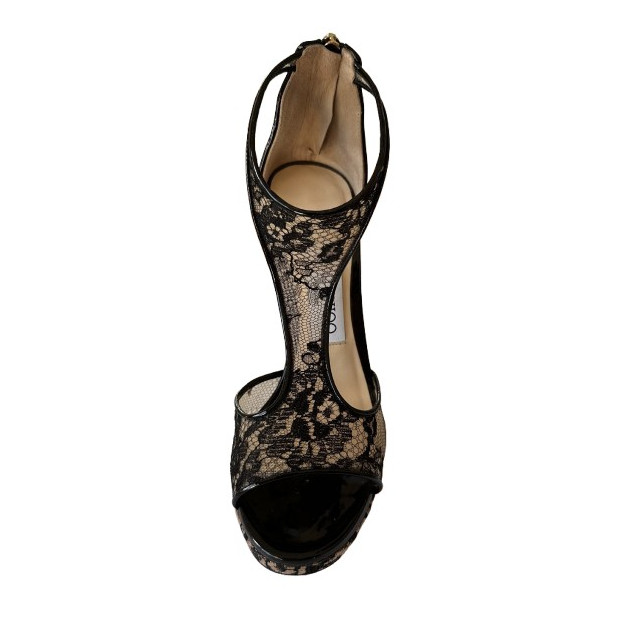 JIMMY CHOO Lana 120 Black Lace T-bar Sandals - Pre-loved Designer Second Hand | LUXURYLOVE