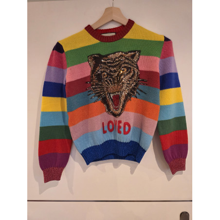 GUCCI Strickpullover Katze Rainbow Streifen S Pre-owned Designer Secondhand Luxurylove.