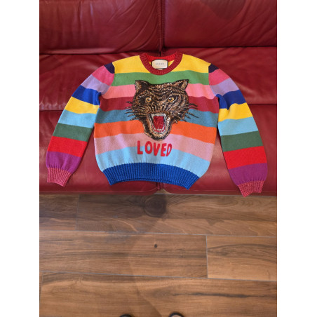 GUCCI Strickpullover Katze Rainbow Streifen S Pre-owned Designer Secondhand Luxurylove.