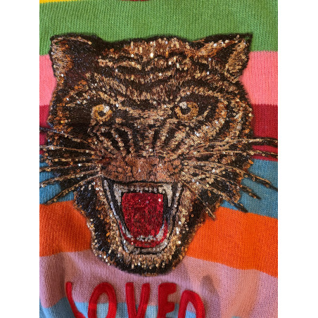 GUCCI Strickpullover Katze Rainbow Streifen S Pre-owned Designer Secondhand Luxurylove.