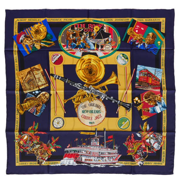 HERMÈS Seidentuch Foulard Carré 90 "New Orleans Creole Jazz" - NEU - Pre-loved Designer Second Hand | LUXURYLOVE