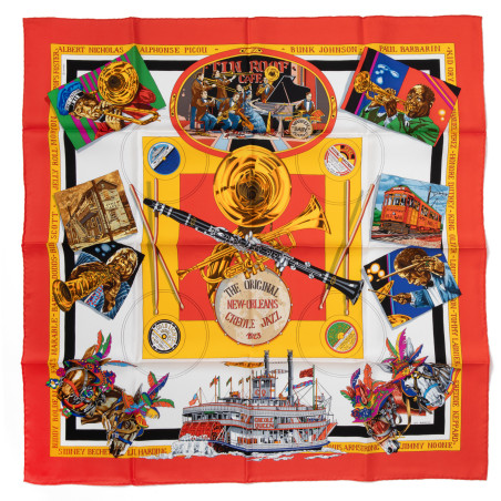 HERMÈS Silk scarf foulard Carré 90 "New Orleans Creole Jazz" - NEW - Pre-loved Designer Second Hand | LUXURYLOVE